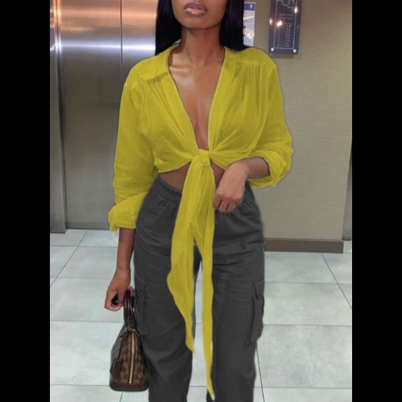 Mustard Yellow Turn down Collar Button Down Tie Front Blouse - Picture 2 of 3